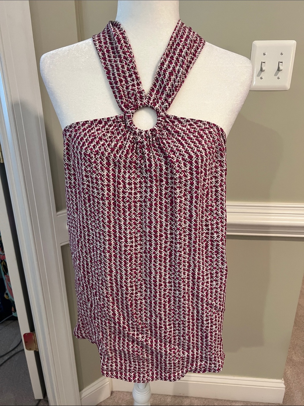 Maeve Burgundy & White Halter Top with Knotted Neck